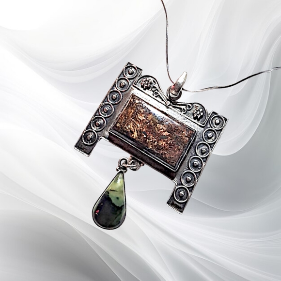 Jewelry - .Sterling Silver Pendant w/Brown & Green Jasper Stones and 925 Silver Nec…